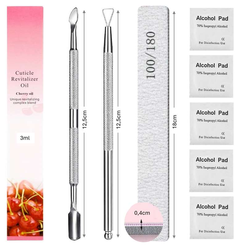 Nail Care Kit - Cuticle Oil, Cuticle Pusher, Gel Remover /Unarmor Plate, Nail FIle + Prep Pads