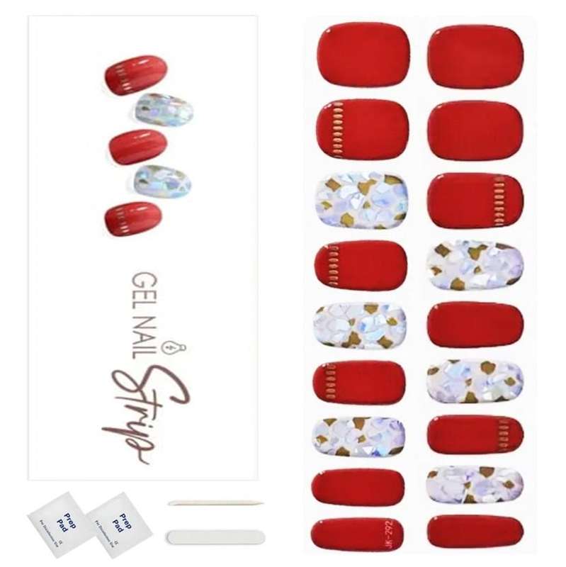 18pc Red Silver Semi Cured Gel Nail Wraps, Nail Art
