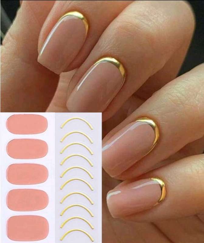 22 pc Fully Cured / No Bake Rust Gel Nail Wraps, Gel Nail Strips with Gold Line Nail Art