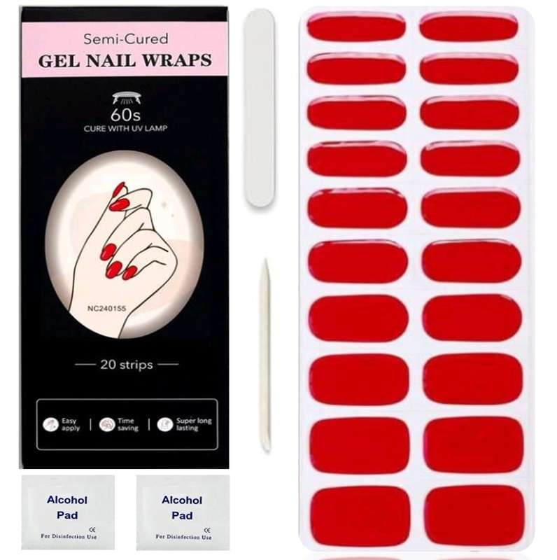 20pc Red Salon Quality Semi Cured Gel Nail Wraps /Gel Nail Strips cures with UV/LED - Long Lasting