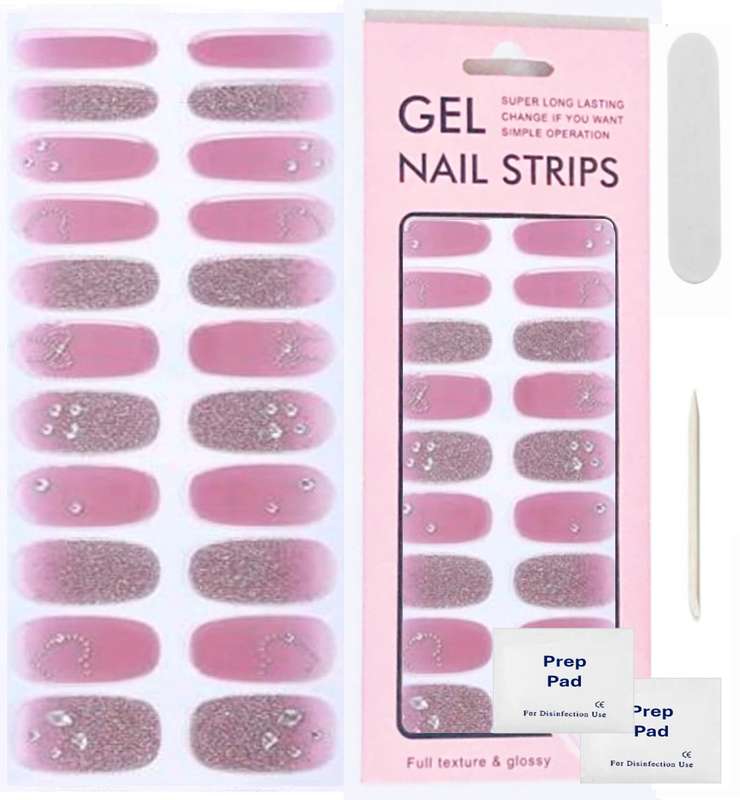 22 pc Gel Nail Wraps, Fully Cured / No Bake Gel Nail Strips, Nail Art - Pink Rhinestone