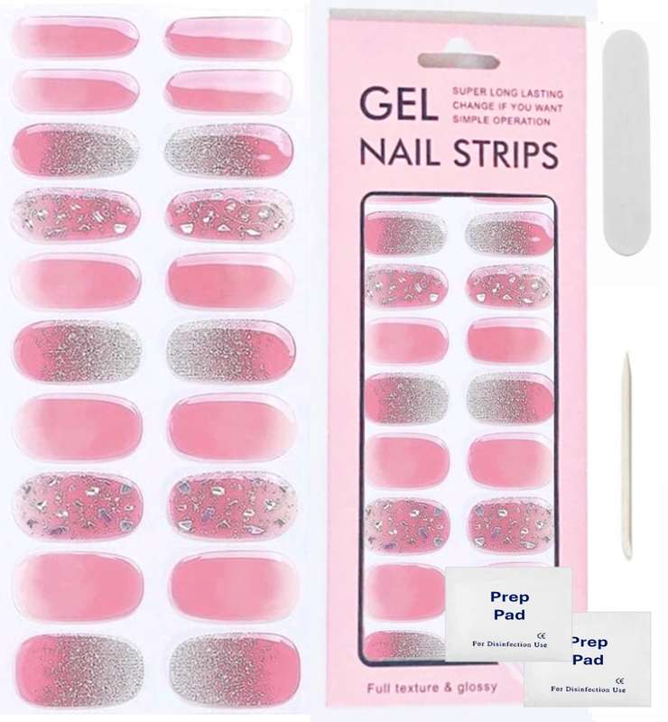 22 pc Salon Quality Gel Nail Wraps, Fully Cured / No Bake Gel Nail Strips, Nail Art - Pink Crystal