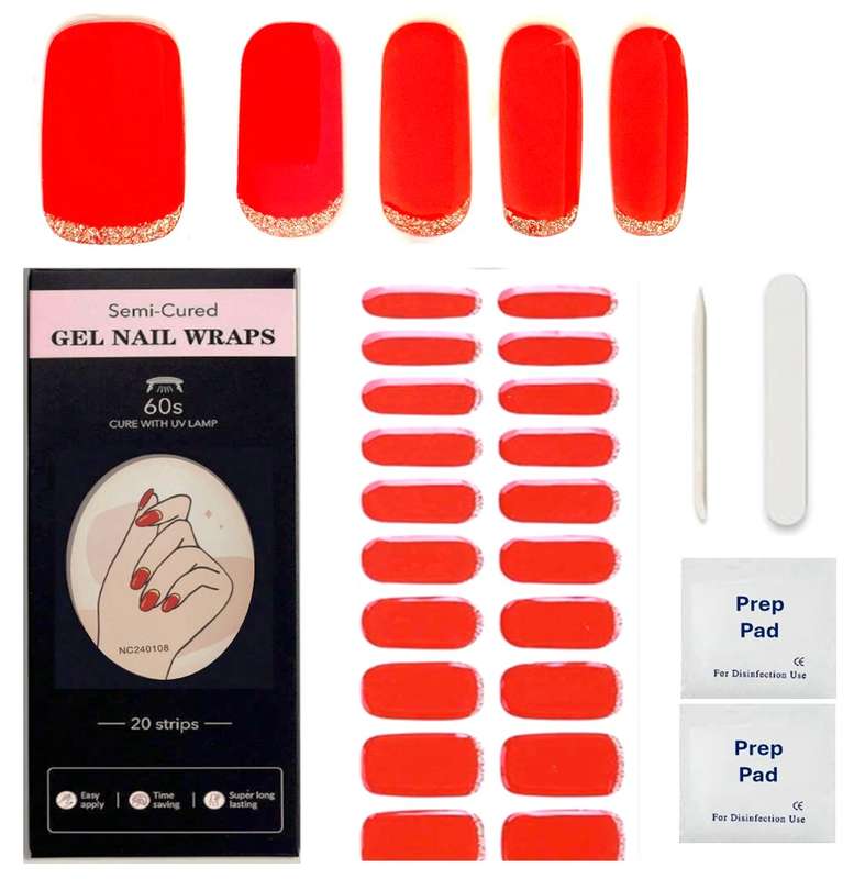 20pc Salon Quality Semi Cured Gel Nail Wraps, Gel Nail Strips, Nail Art - Red & Gold