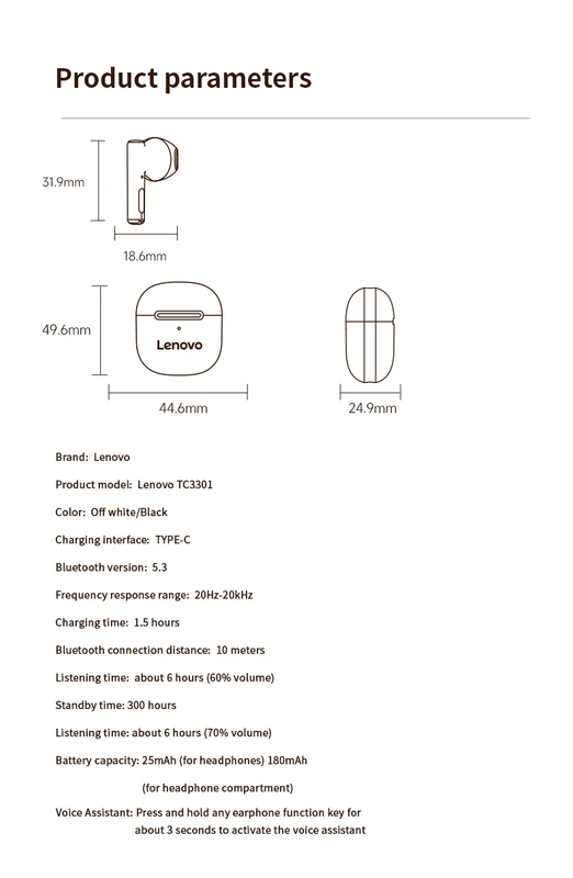 LENOVO - TC3301 - TWS Bluetooth Earbuds With Noise Cancellation