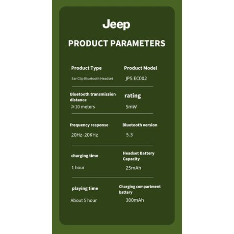 JEEP - EC002 - Wireless Ear Hook Earbuds With 270 Rotation - Black