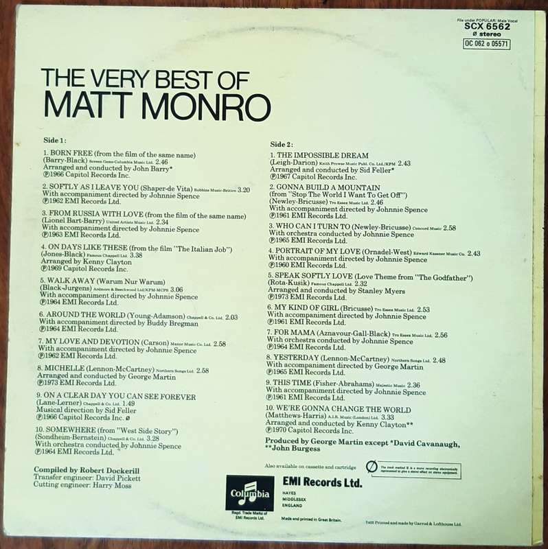Matt Monro - The Very Best of Matt Monro Vintage LP Record Vinyl