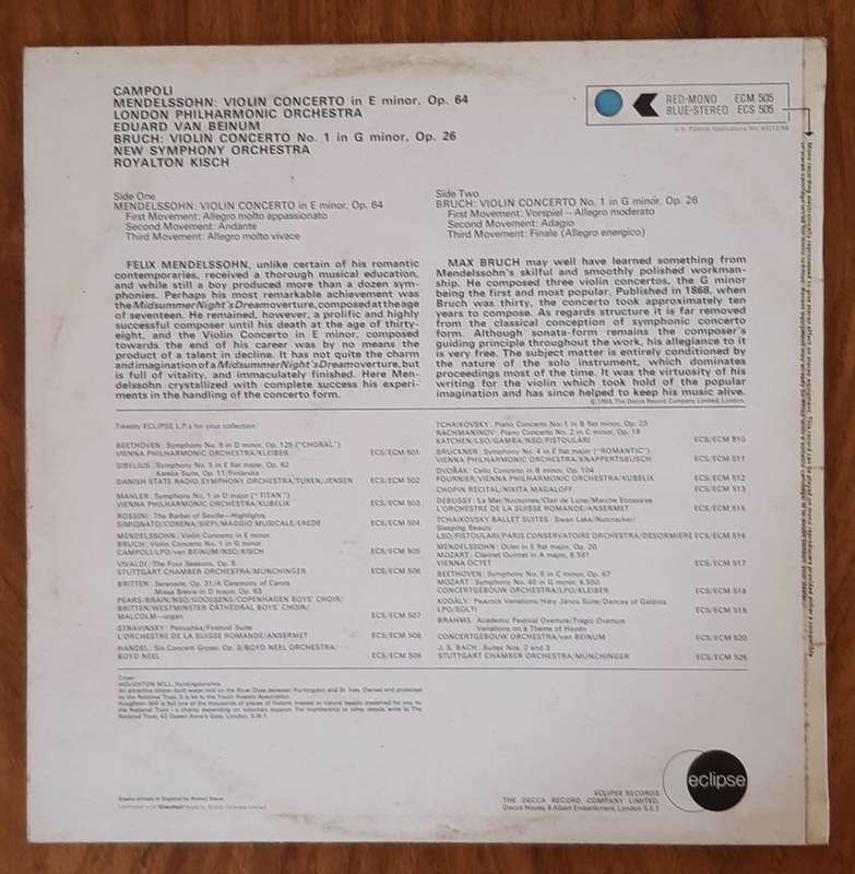 Mendelssohn Violin Concerto, Bruch - Violin Concerto No. 1 Campoli - Vinyl LP