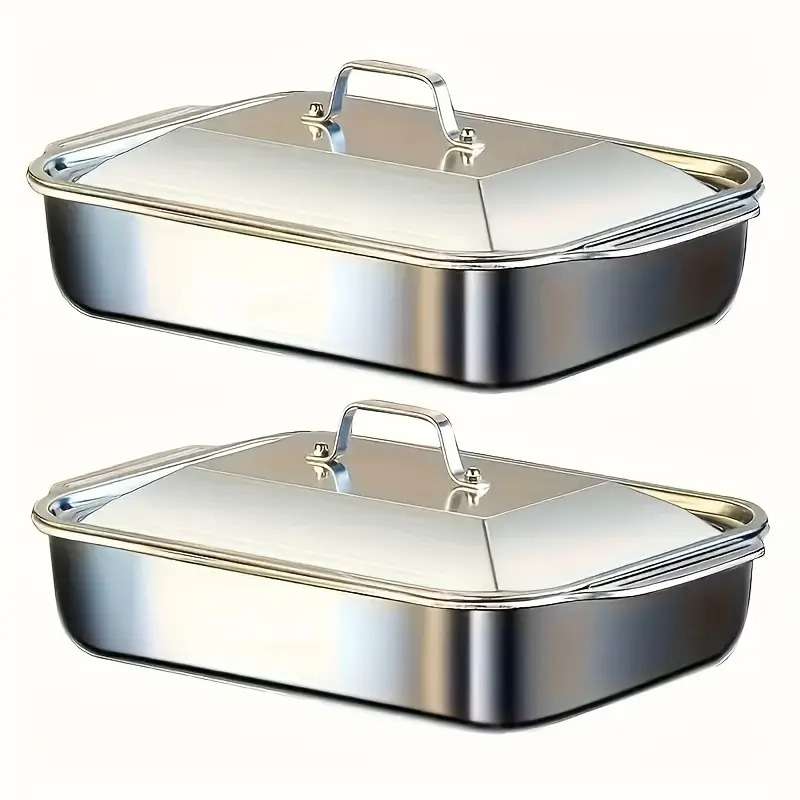 High-Quality Stainless Steel Roasting Dish with Lid  Versatile Bakeware for Oven Use (2Pack)