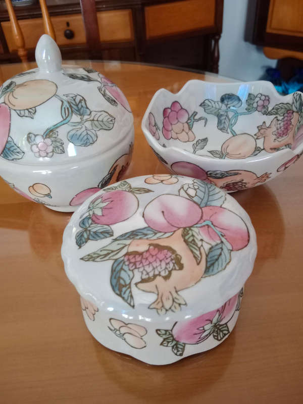 Porcelain hand painted planter, trinket box and bowl with fruit design jewelry
