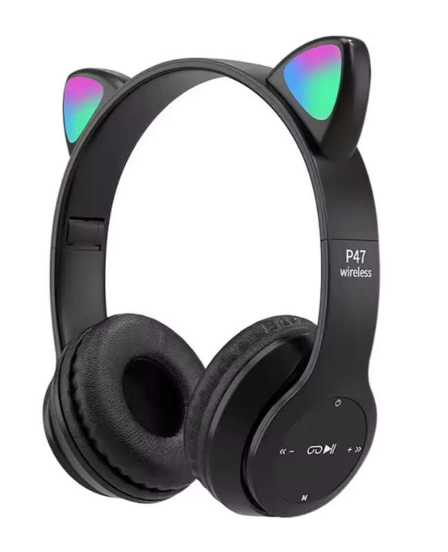 Cat Ear Bluetooth Compatible Headset with LED Wireless Headset for Kids Stereo Foldable-Black