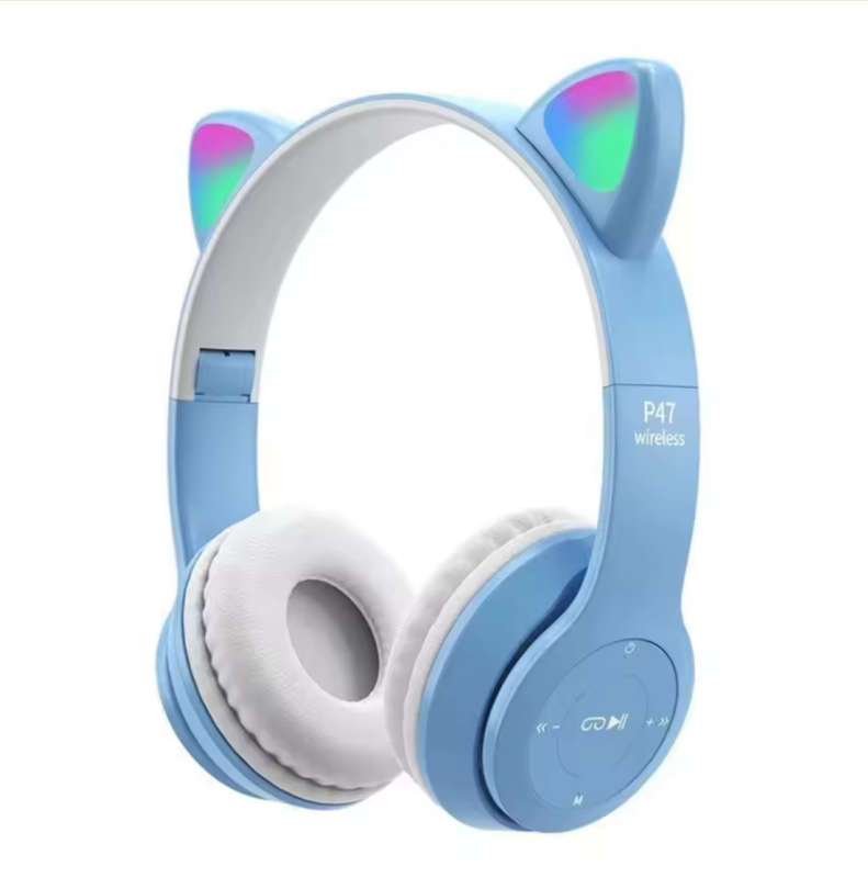 Cat Ear Bluetooth Compatible Headset with LED Wireless Foldable with Microphone- SKY BLUE.