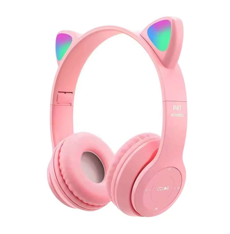 Cat Ear Bluetooth Compatible Headset with LED Wireless Headset Stereo Foldable with Microphone-Pink