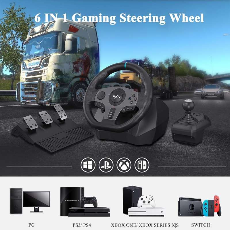 PXN V9 Gaming Steering Wheel 270-900 degree with 3 Pedals and Gear Shifter