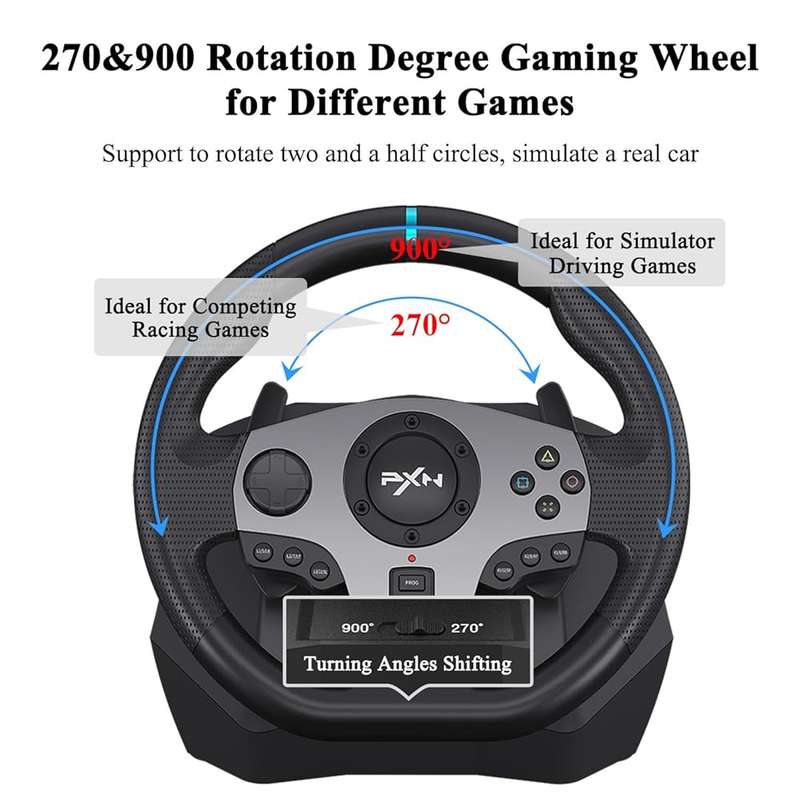 PXN V9 Gaming Steering Wheel 270-900 degree with 3 Pedals and Gear Shifter