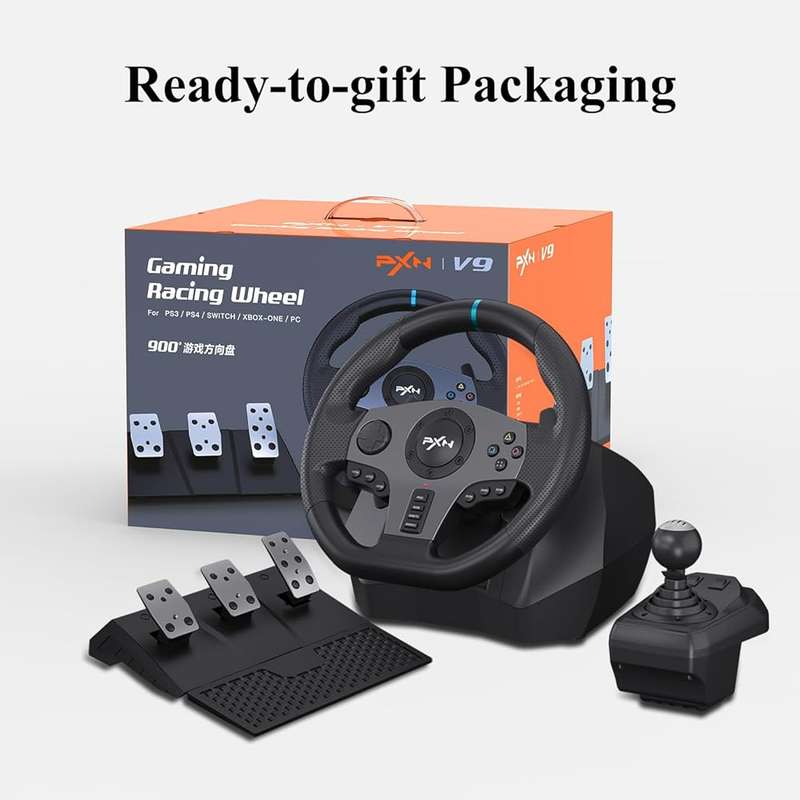 PXN V9 Gaming Steering Wheel 270-900 degree with 3 Pedals and Gear Shifter