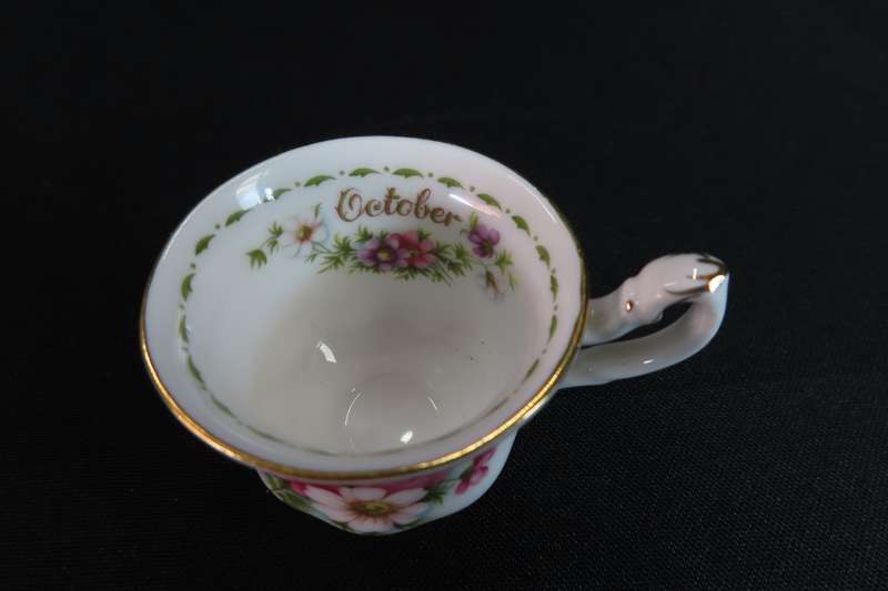 Royal Albert Miniature Cup & Saucer:  Cup Cosmos October.  Saucer: Michaelmas Daisy September
