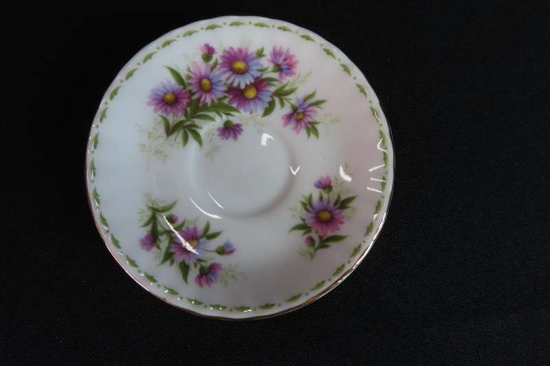 Royal Albert Miniature Cup & Saucer:  Cup Cosmos October.  Saucer: Michaelmas Daisy September