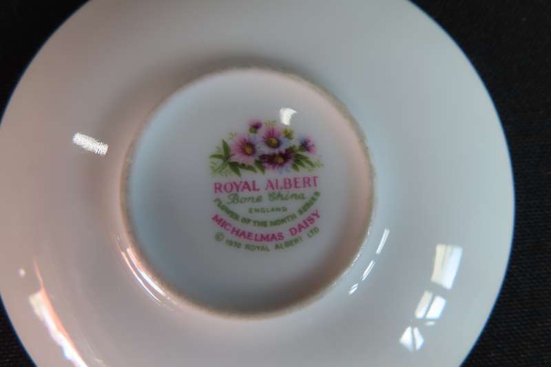 Royal Albert Miniature Cup & Saucer:  Cup Cosmos October.  Saucer: Michaelmas Daisy September