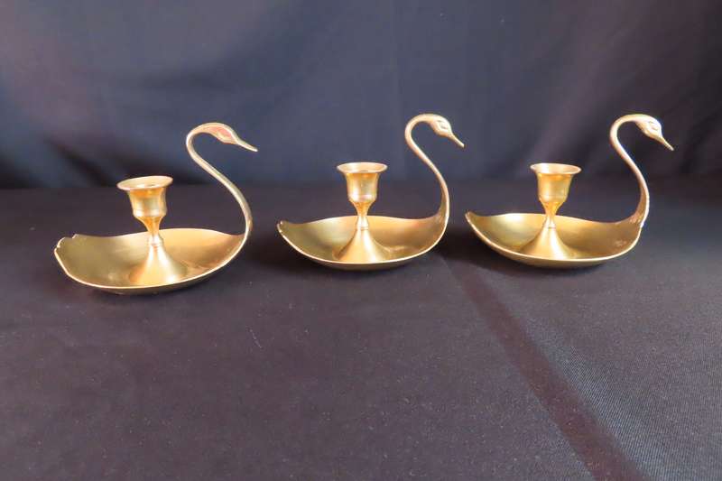 Brass Swan Candle Holders x 3 Made In India.