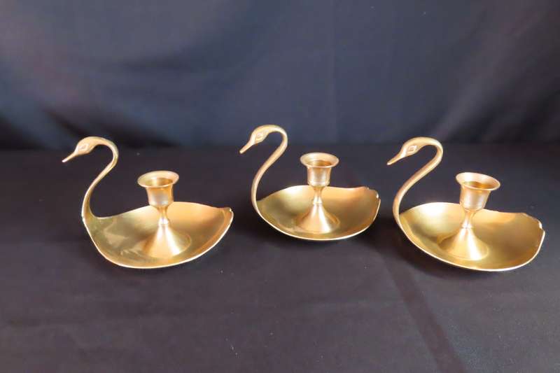 Brass Swan Candle Holders x 3 Made In India.