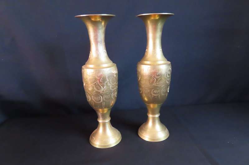 Brass Vintage Etched Vases x 2