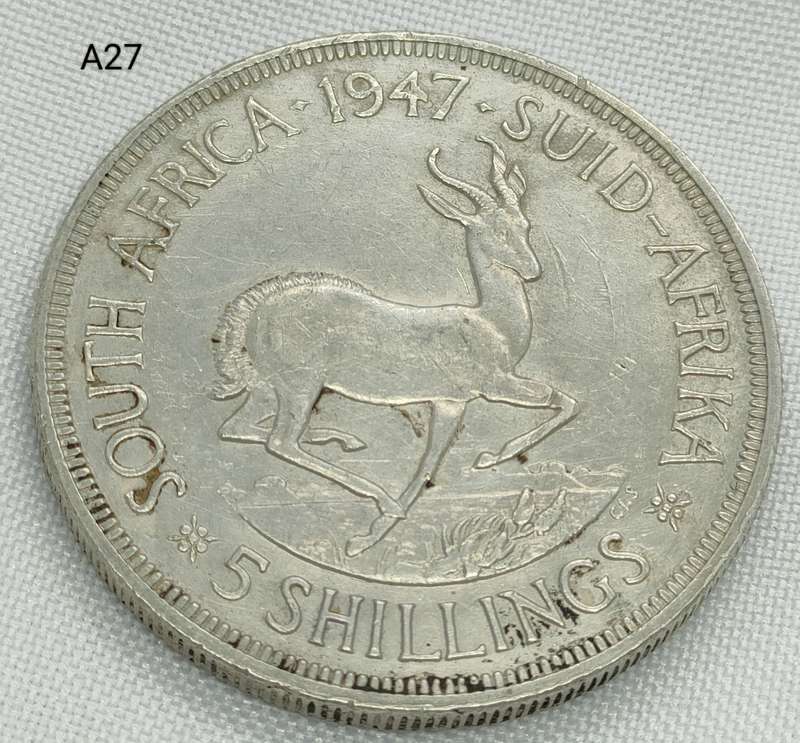 1947 Union of SA Crown - 5 shillings - .800 silver - in capsule