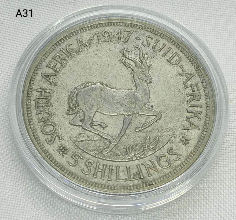 1947 Union of SA Crown - 5 shillings - .800 silver - in capsule