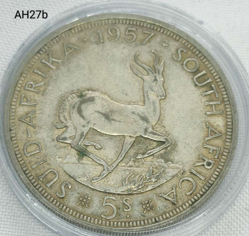1957 Union of SA crown - 5 shillings - .500 silver - in capsule