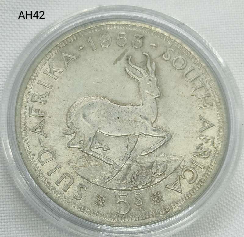 1953 Union of SA crown - 5 shillings - .500 silver - in capsule
