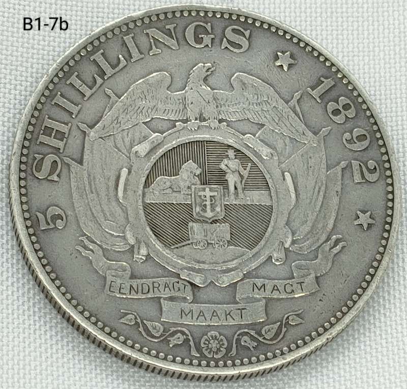 1892 ZAR 5 shillings - crown - .925 coin - single shaft