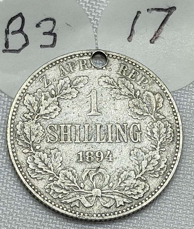 ZAR 1 shillings: 1894 Scarce Sterling Silver (.925) coin Note pendant hole in coin
