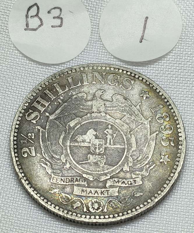ZAR  2 1/2 Shillings Half Crown: 1895: Scarce Sterling Silver (.925) coin: