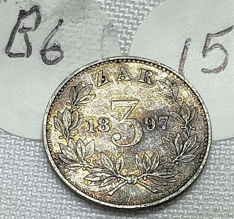 ZAR Threepence: (3D): 1897: Scarce Sterling Silver (.925) coin: