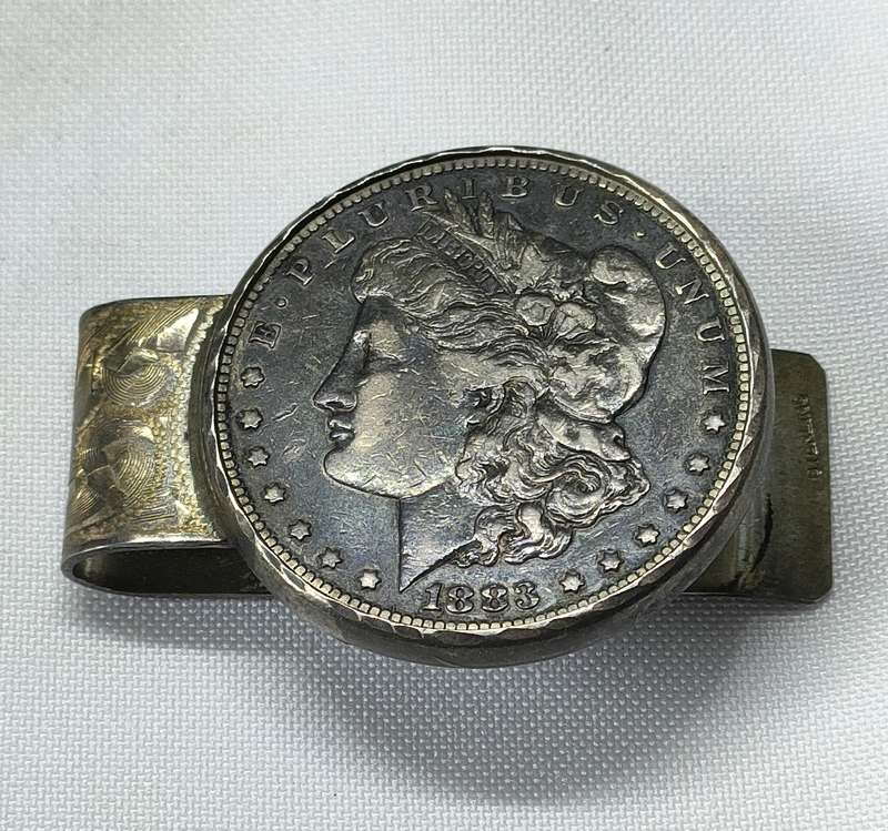 1883 Morgan Dollar (.900 Silver) on stand for display: Gorgeous silversmith work: .43 gram