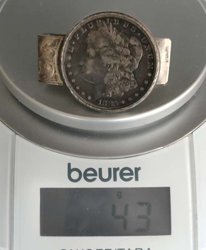 1883 Morgan Dollar (.900 Silver) on stand for display: Gorgeous silversmith work: .43 gram