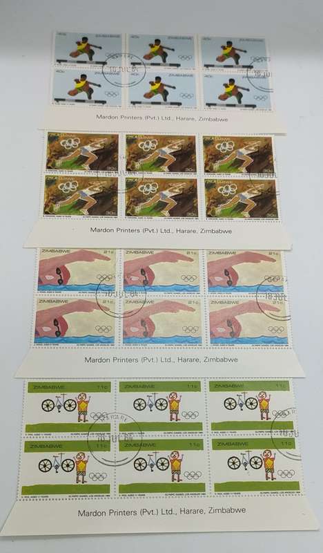 4 Unused Zimbabwe stamp blocks- 40c, 30c,21c,11c - 18 Jul 1984 stamp- Los Angeles 1984 Olympic Games