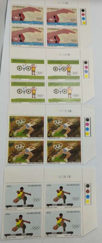4 Unused Zimbabwe stamp blocks- 40c, 30c,21c,11c - Los Angeles 1984 Olympic Games