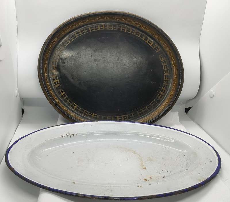 Vintage tray 305 x260 mm plus old enamel oval plate 350x225mm