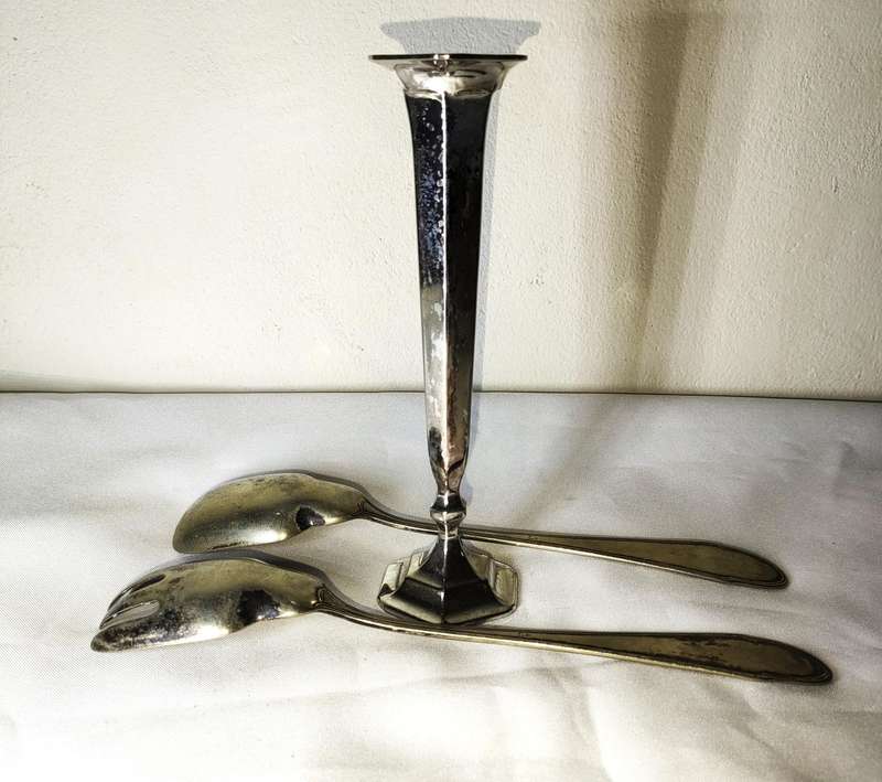 Silverplated salad set and vase - age related wear - vase 195mm