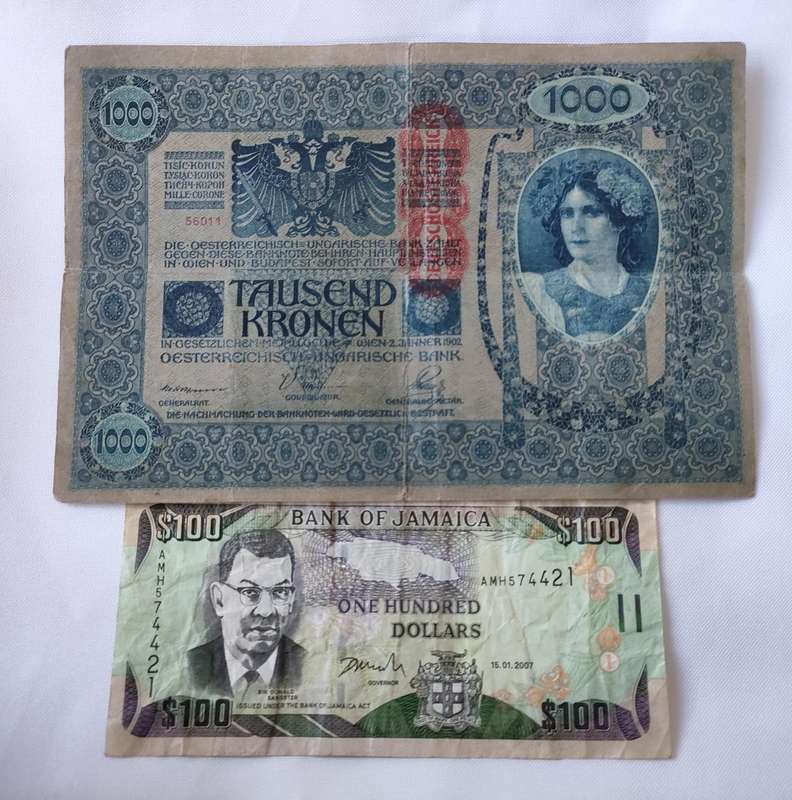 Rare 1000 Austrian Krone -more than 100 years old and exceptionally large and Jamaican 100 Dollar