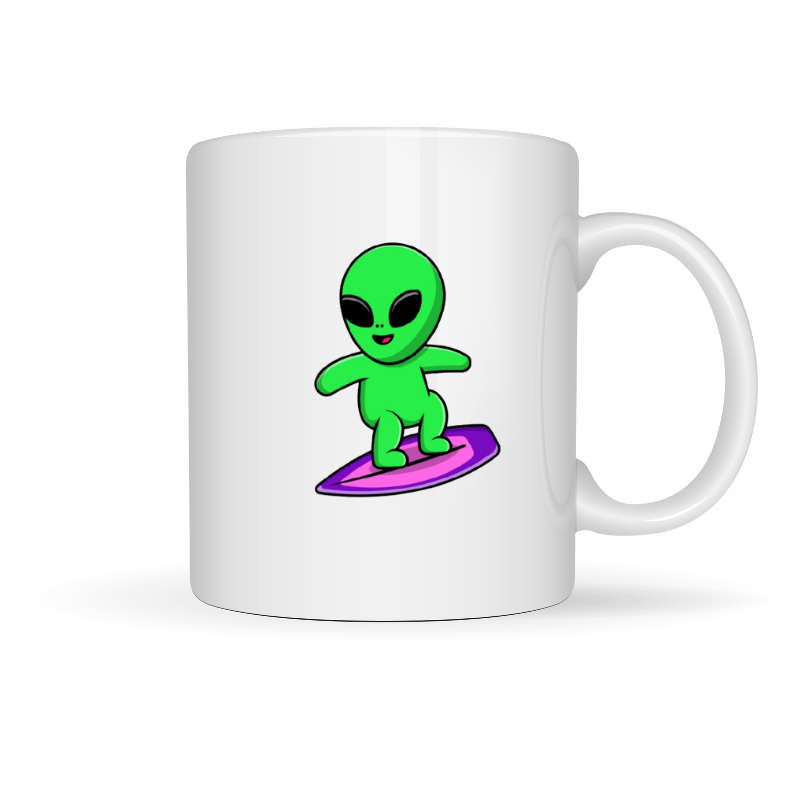 Printed Mug - Green Alien Surfboard