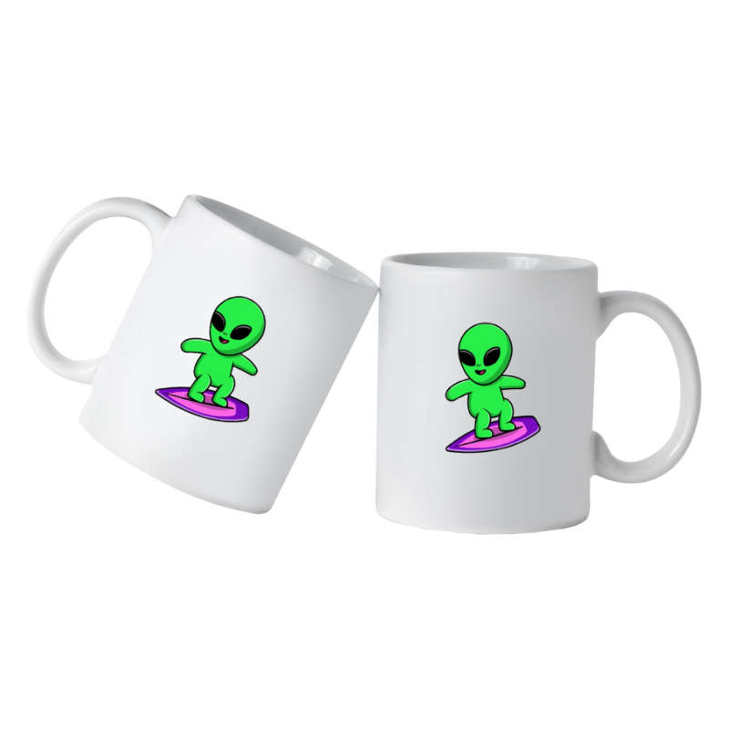 Printed Mug - Green Alien Surfboard