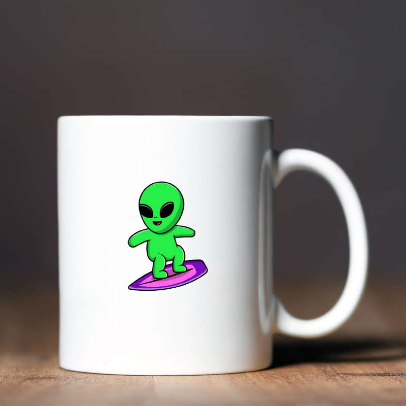 Printed Mug - Green Alien Surfboard