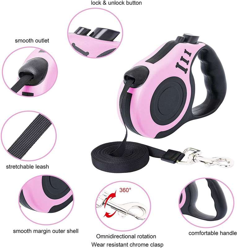 5M Retractable Dog Leash with Anti-Slip Handle - "3 Bone" - Pink, Black