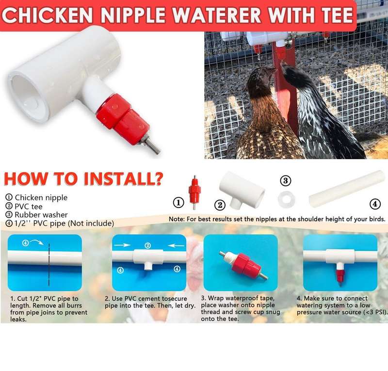 Chicken Waterer Nipples with PVC Tee Fittings - 10 PCS