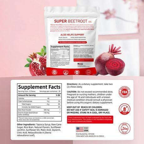 BIYODE Beet Chews, Super Beet Hearts, Nitric Oxide Support Soft Beet Hearts Chewable, Grape Seed Ext