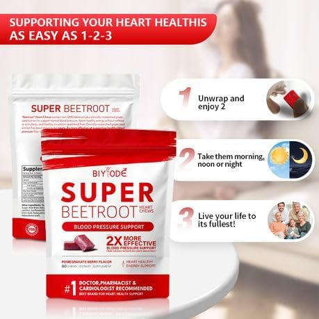 BIYODE Beet Chews, Super Beet Hearts, Nitric Oxide Support Soft Beet Hearts Chewable, Grape Seed Ext