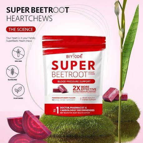 BIYODE Beet Chews, Super Beet Hearts, Nitric Oxide Support Soft Beet Hearts Chewable, Grape Seed Ext