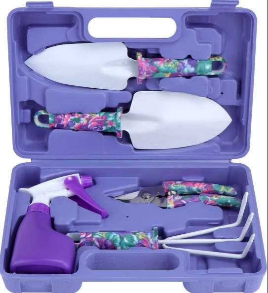 5 Piece Purple Floral Print Gardening Tool set