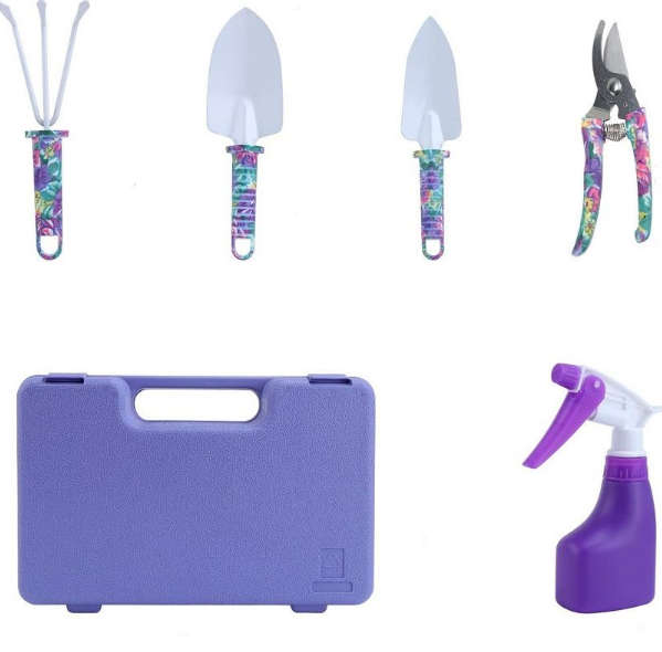 5 Piece Purple Floral Print Gardening Tool set